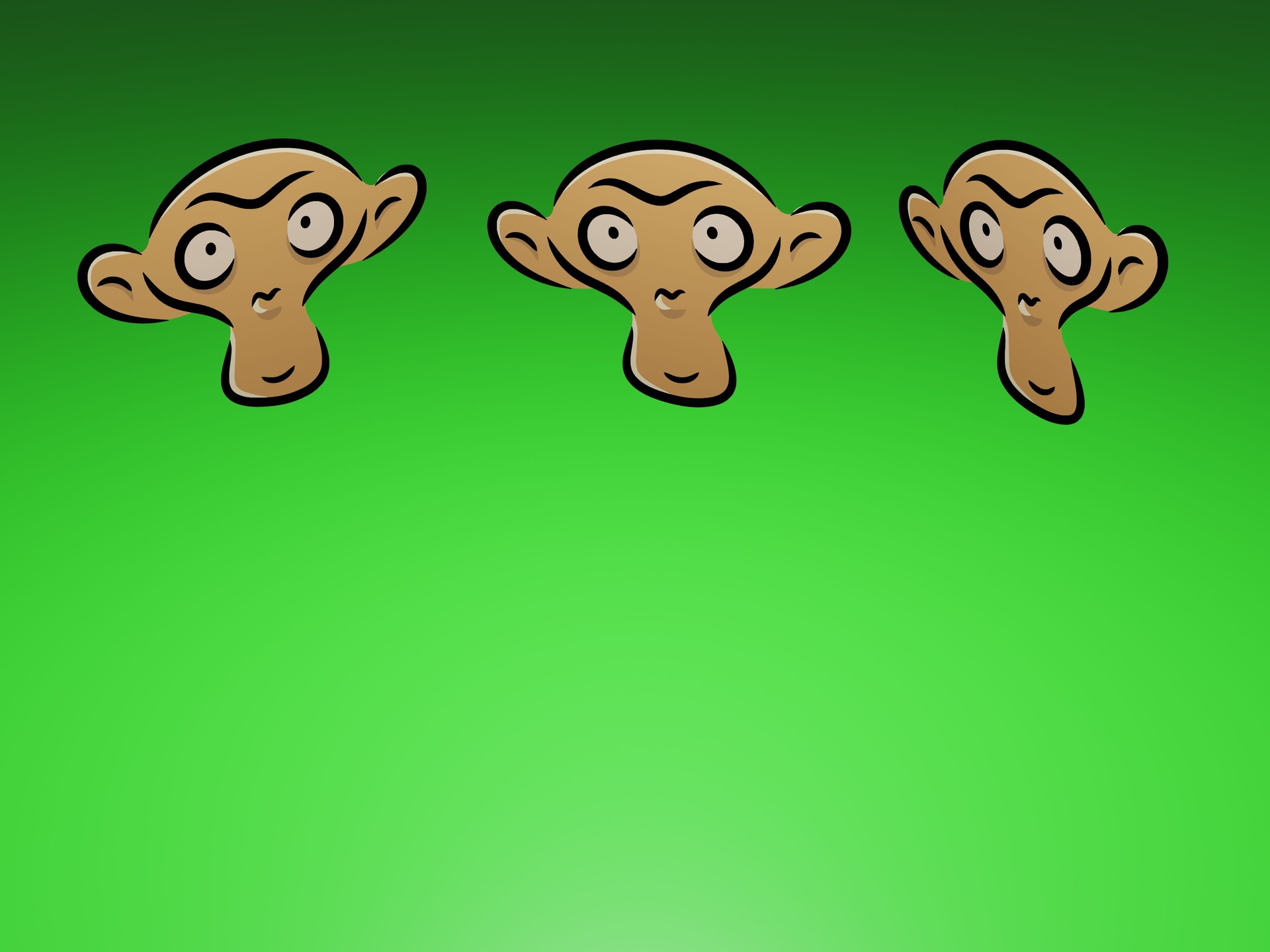 3D Illustration of flying 3 brown monkey head with green background.
